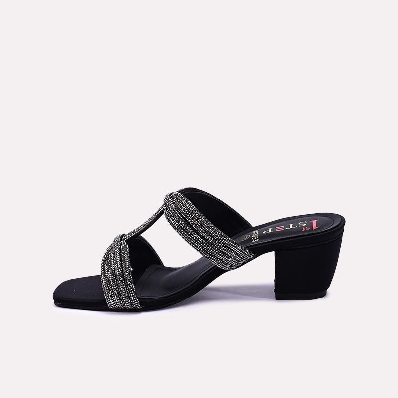 Black Block Heel Fancy Slippers for Women