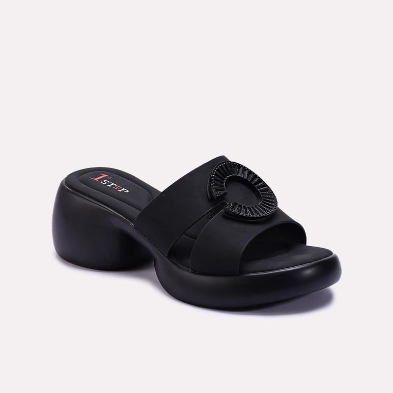 Black Chunky Heel Casual Slippers
