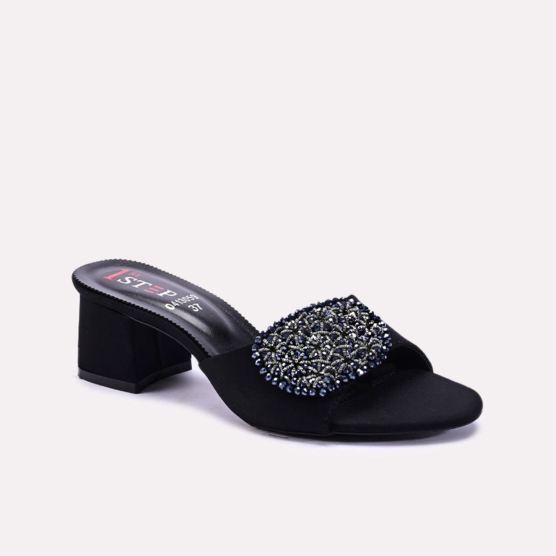 Black Fancy Block Heel Slippers