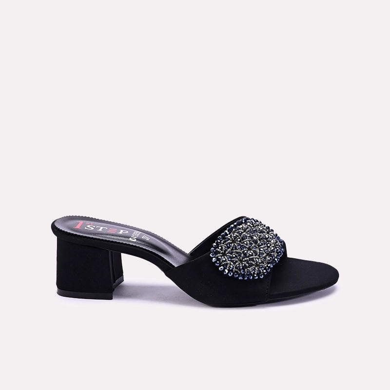 Womens Black Fancy Block Heel Slippers
