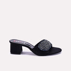 Womens Black Fancy Block Heel Slippers