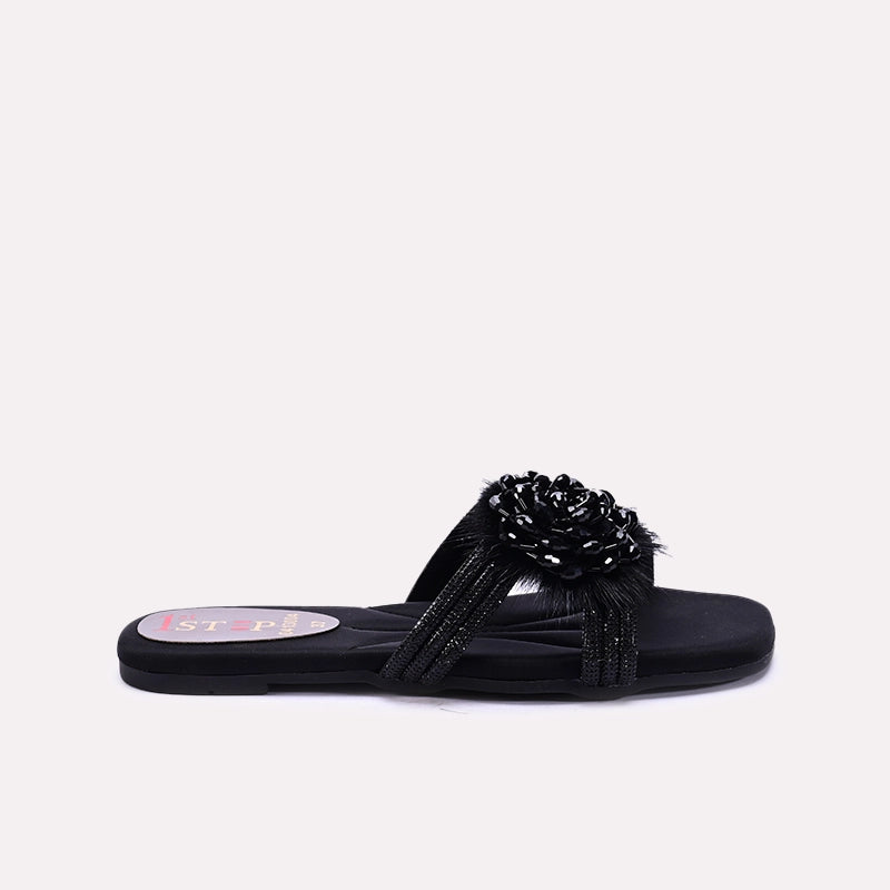 Womens Black Fancy Flat Slippers