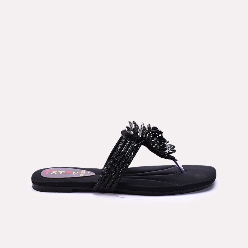 Womens Black Fancy Flat Slippers
