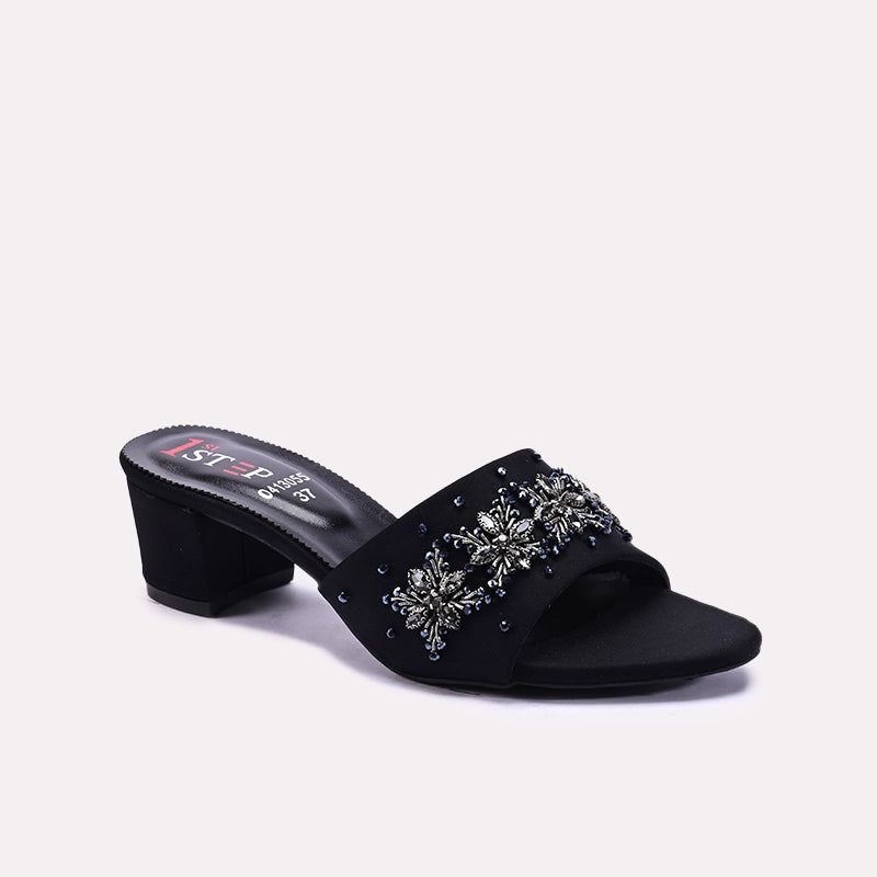 Black Fancy Heel Slippers