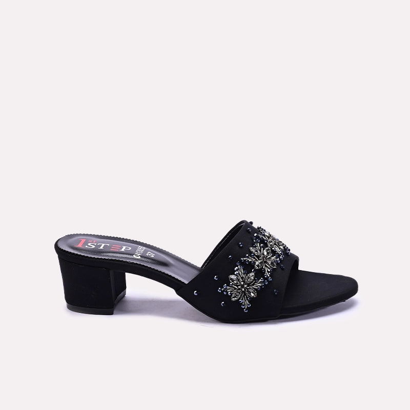 Womens Black Fancy Heel Slippers