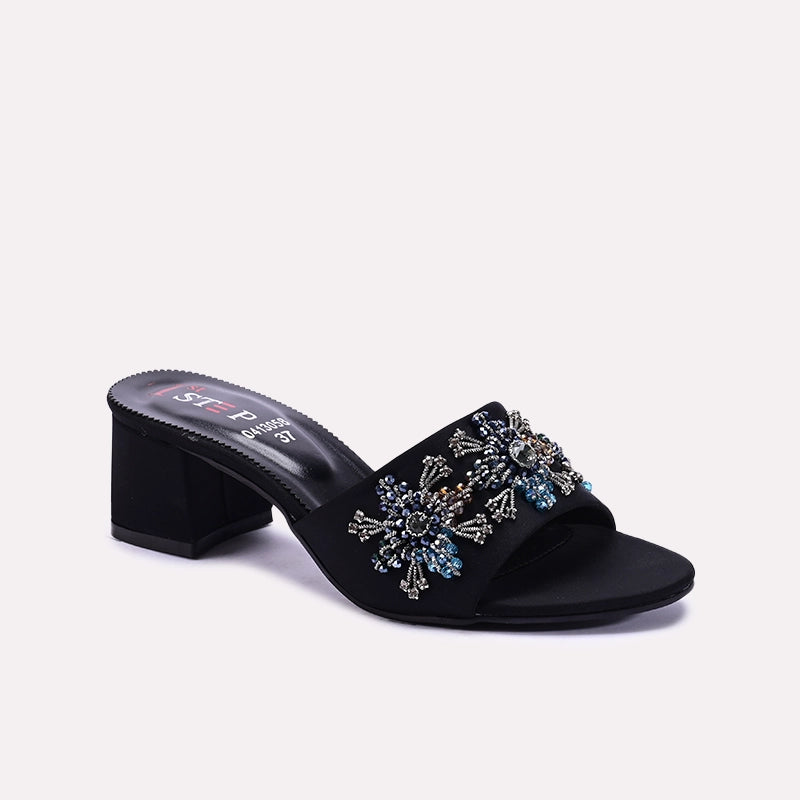 Black Fancy Heel Slippers