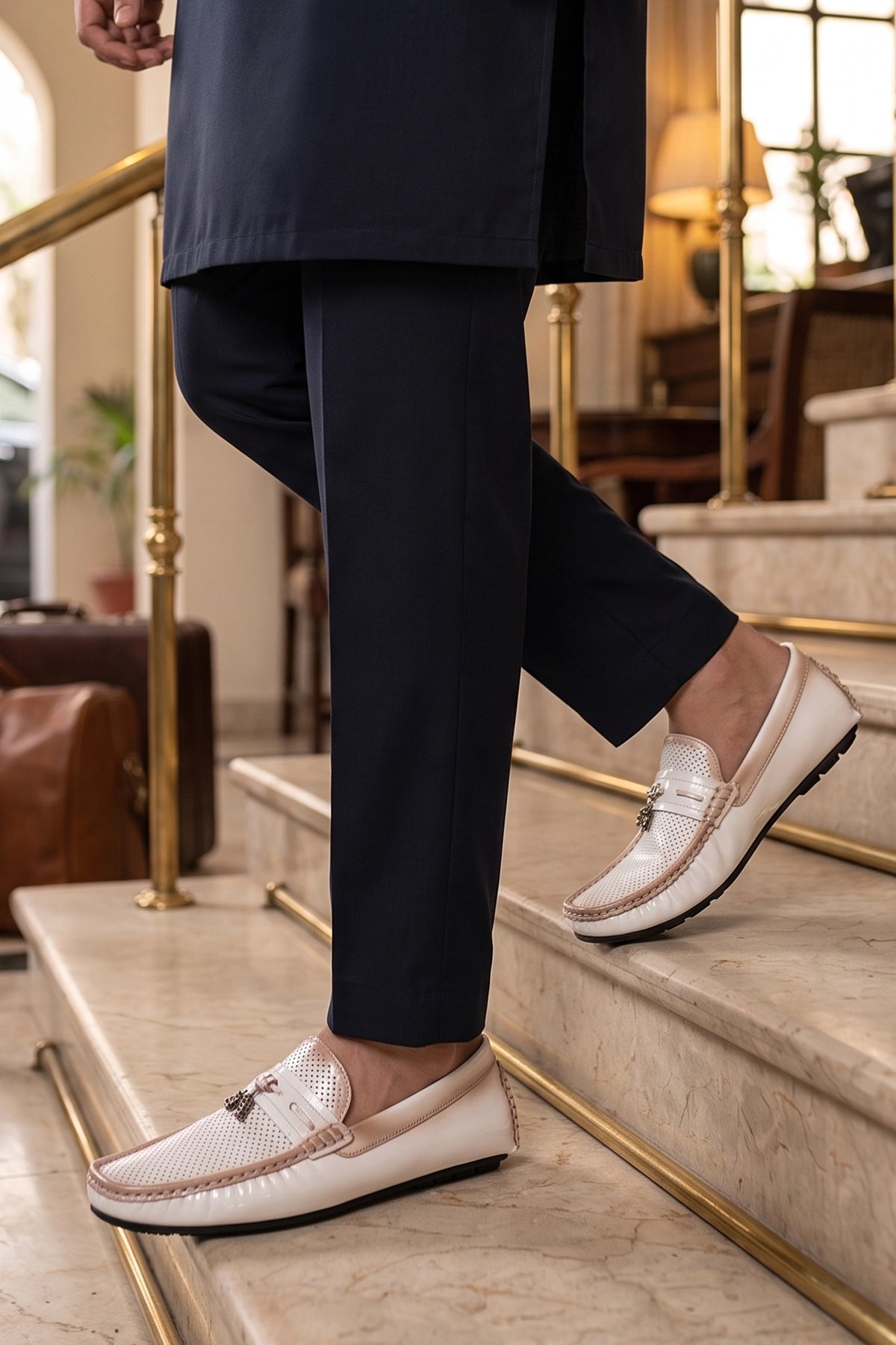 Crispin White Perforated Tassel Loafers 0130860