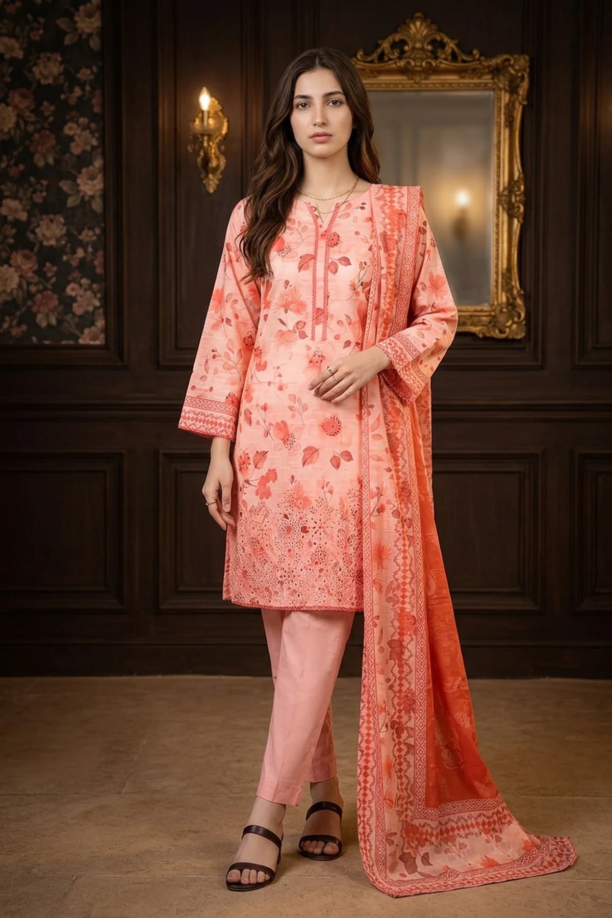 Flora Veil – 3 Piece Lawn Stitched Suit 15D0164
