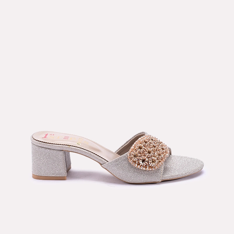 Womens Gold Fancy Block Heel Slippers