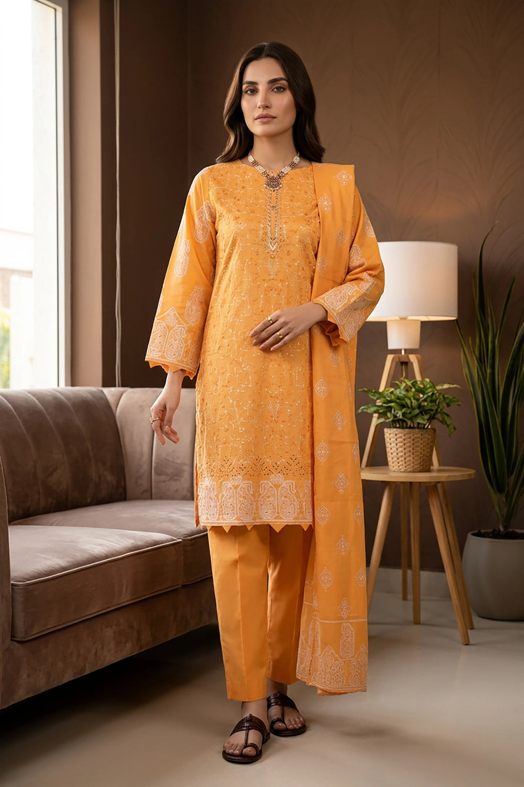 Golden Bloom 3 Piece Stitched Cotton Suit  15D0143
