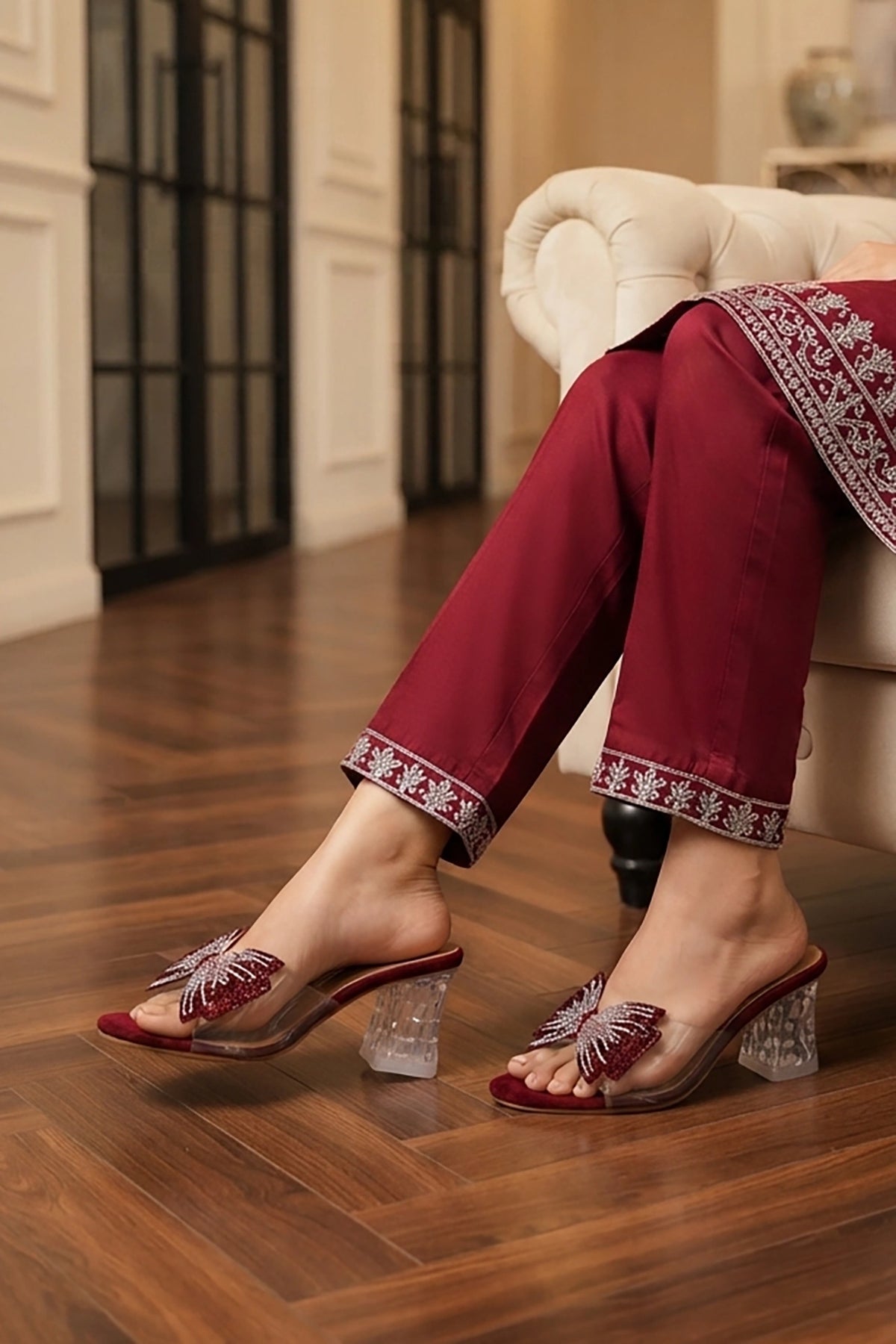 Maroon Crystal Heel Fancy Slippers 0412556