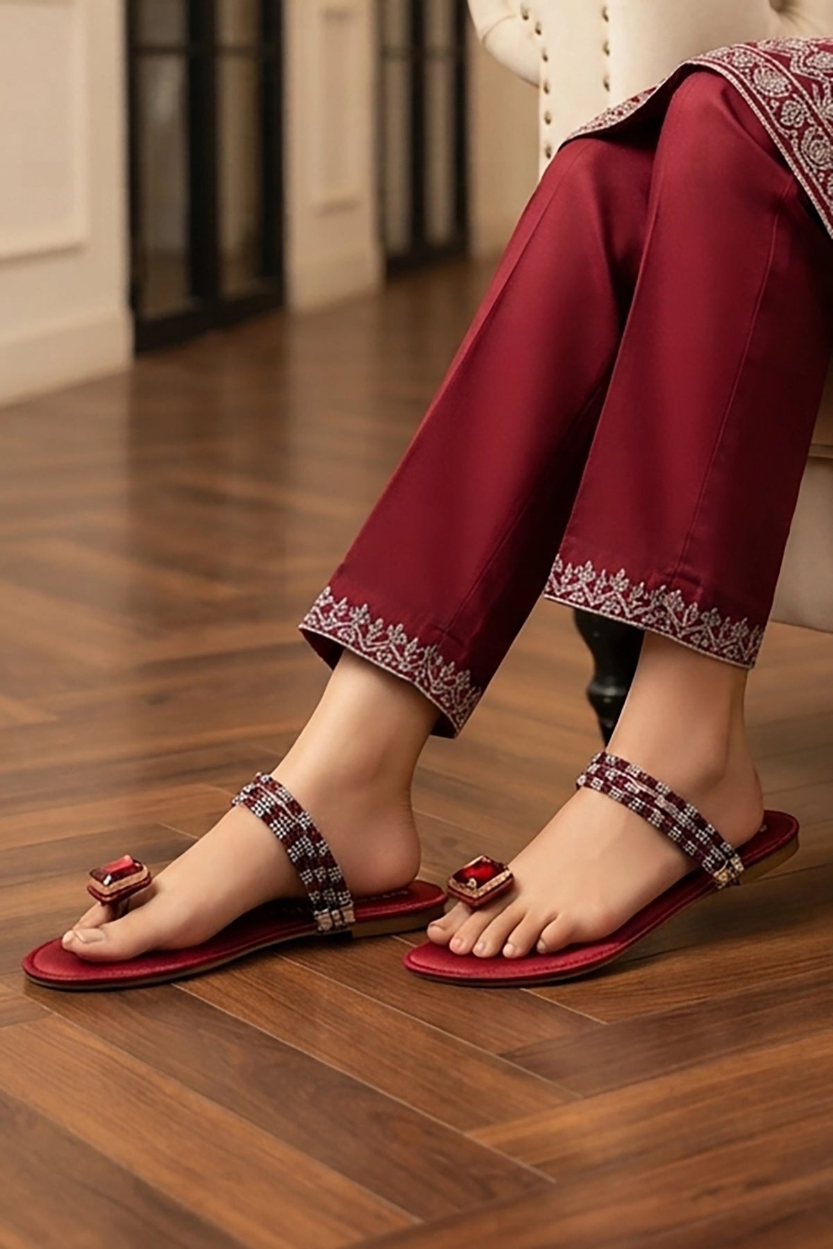 Maroon Fancy Flat Slippers 0412776