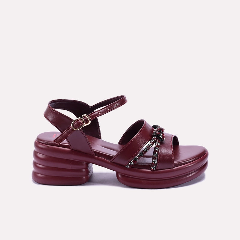 Womens Maroon Chunky Heel Casual Sandals
