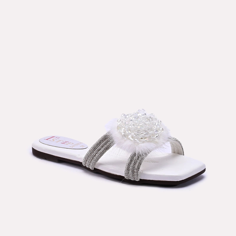 White Fancy Flat Slippers