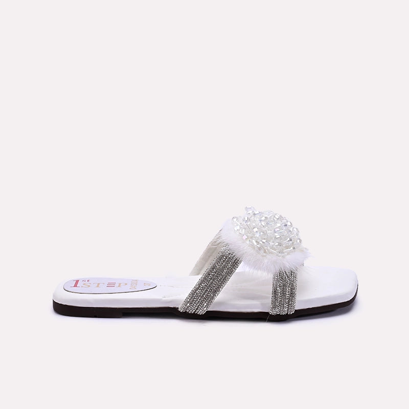 Womens White Fancy Flat Slippers