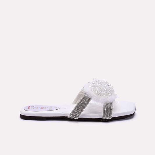 Womens White Fancy Flat Slippers