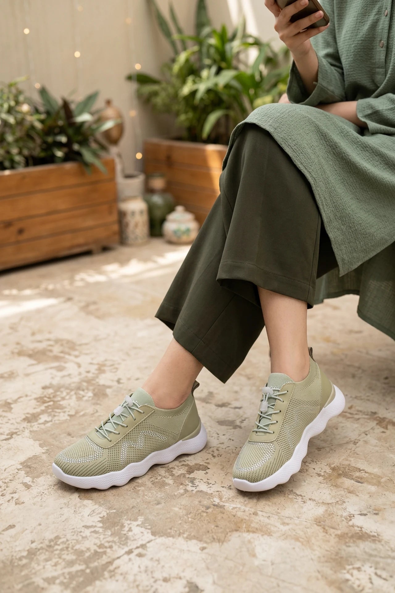 Women Mireille Green Perforated Sneakers 0440738
