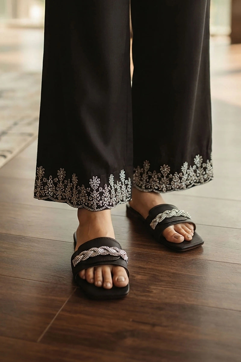 Womens Black Fancy Flat Slippers 0412724