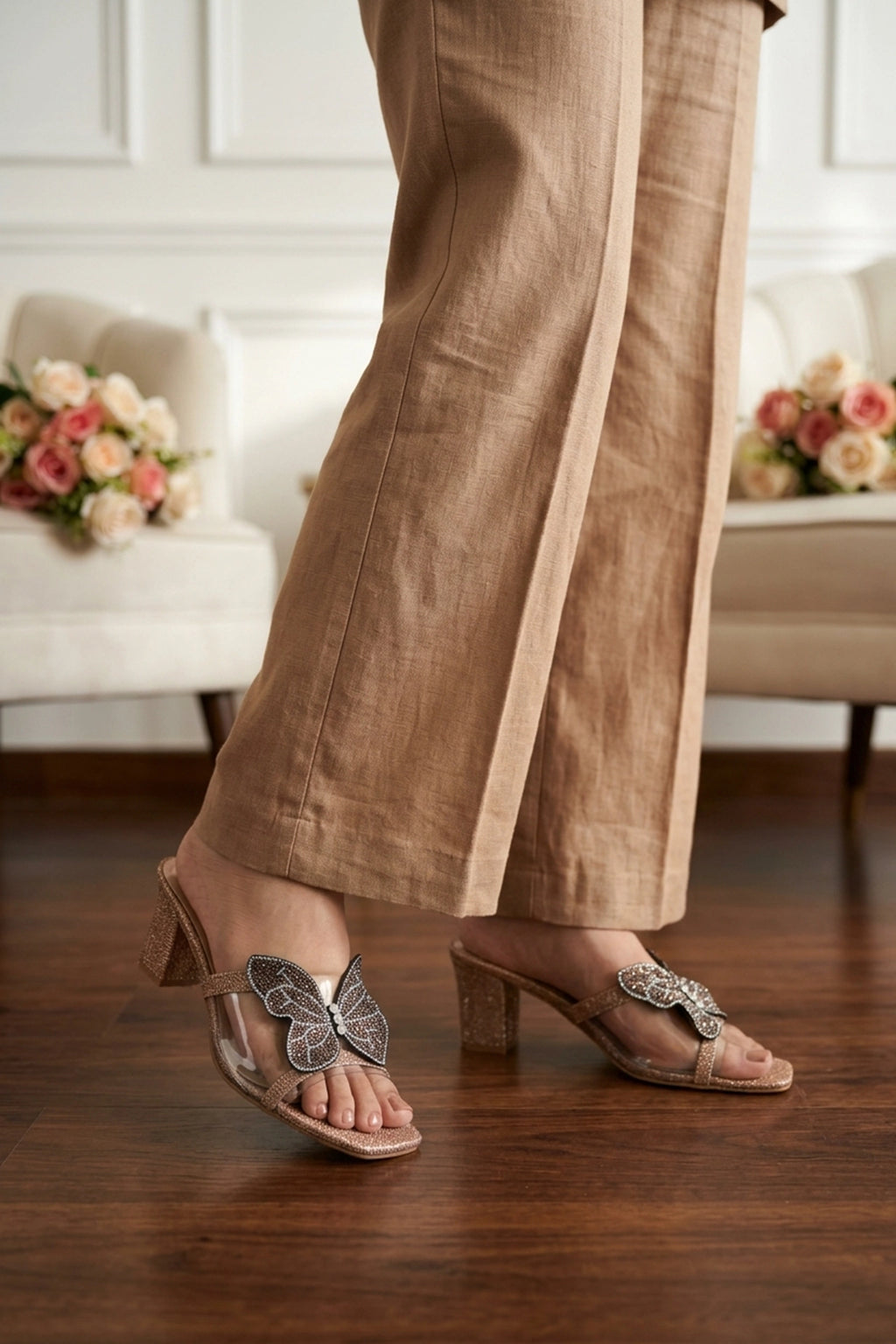 Womens Gold Fancy Heel Slippers 0413154