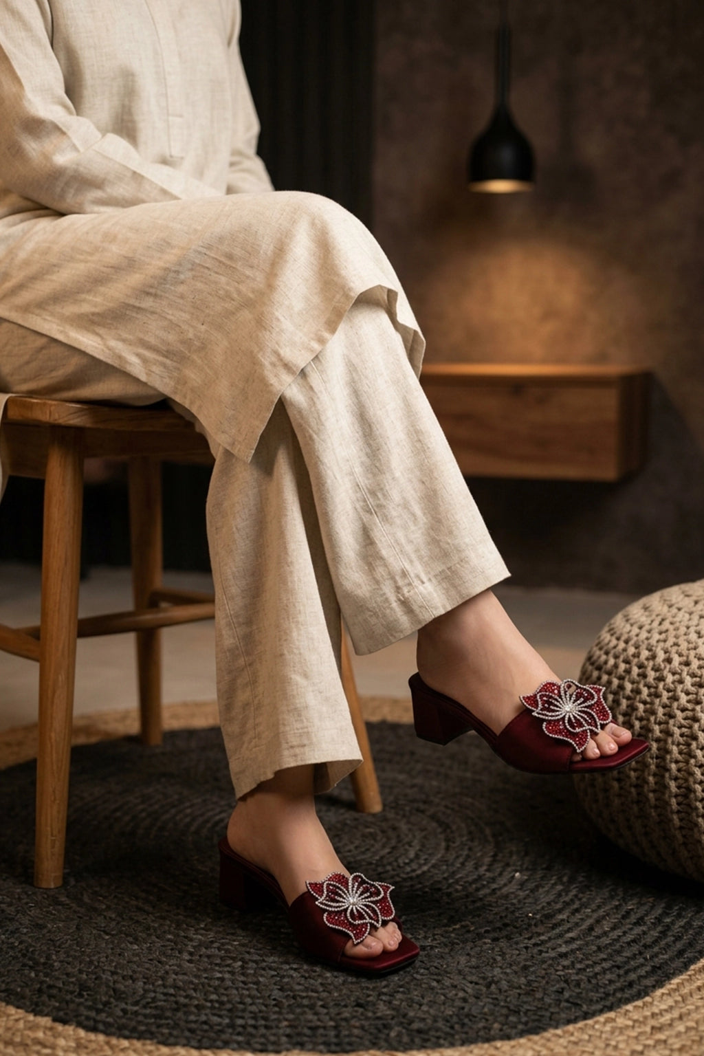 Womens Maroon Fancy Block Heel Slippers 0413067
