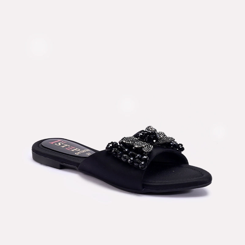 Womens Black Fancy Flat Slippers 0413028