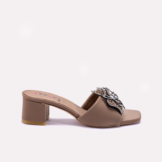 Womens Gold Fancy Block Heel Slippers 0413067