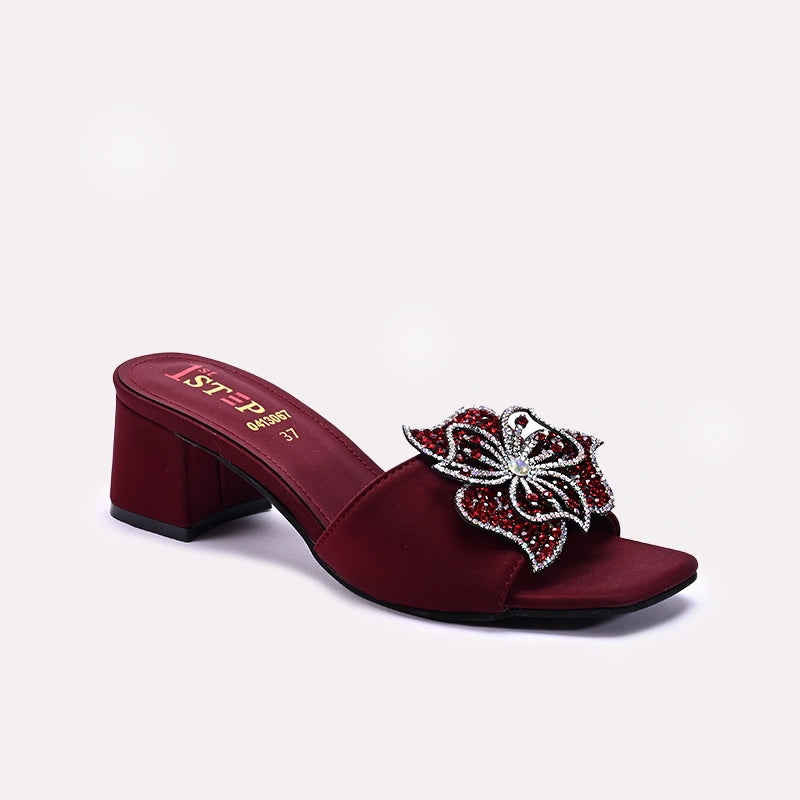 Womens Maroon Fancy Block Heel Slippers 0413067