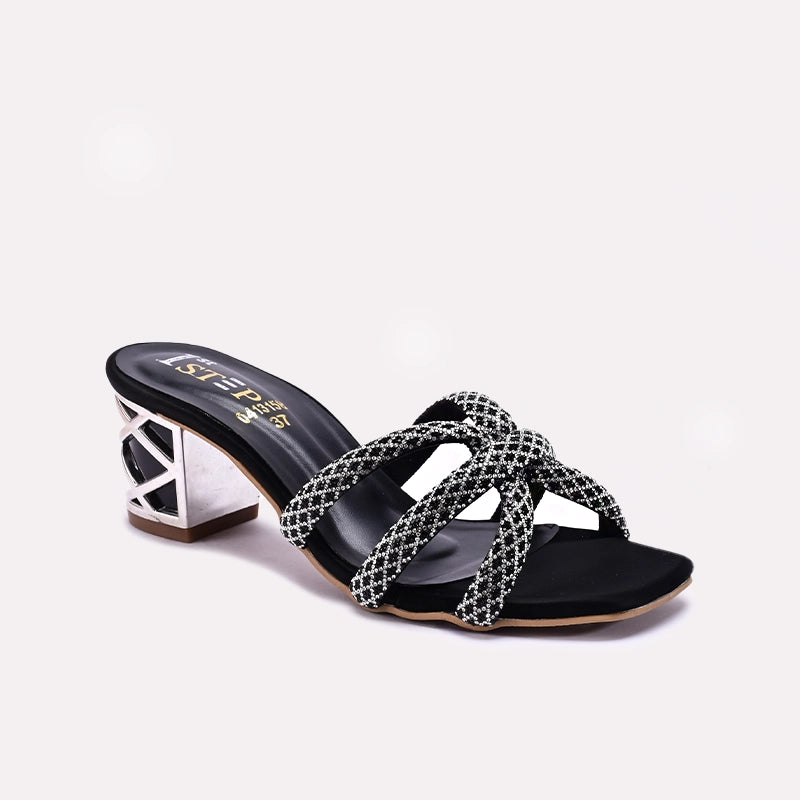 Black Block Heel Fancy Slippers