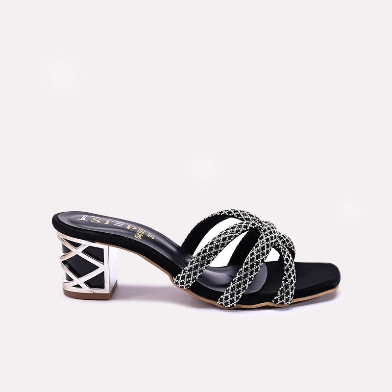 Womens Black Block Heel Fancy Slippers