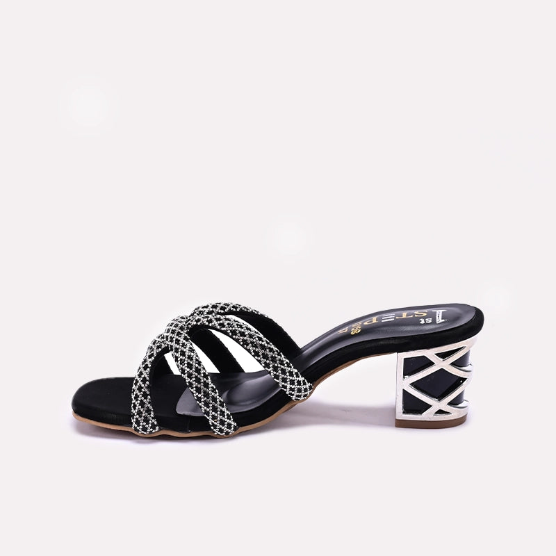 Black Block Heel Fancy Slippers for Women