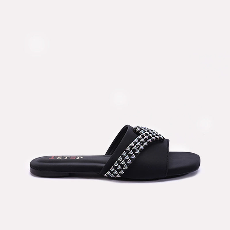 Womens Black Flat Fancy Slippers