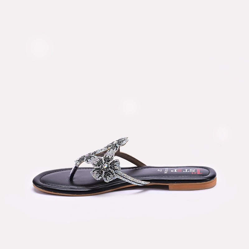 Womens Black Flat Fancy Slippers