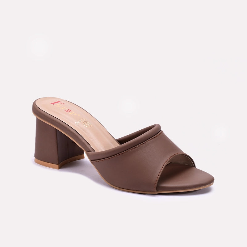 Brown Block Heel Casual Slippers