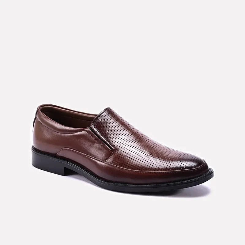 brown formal perforated slip on shoes mens