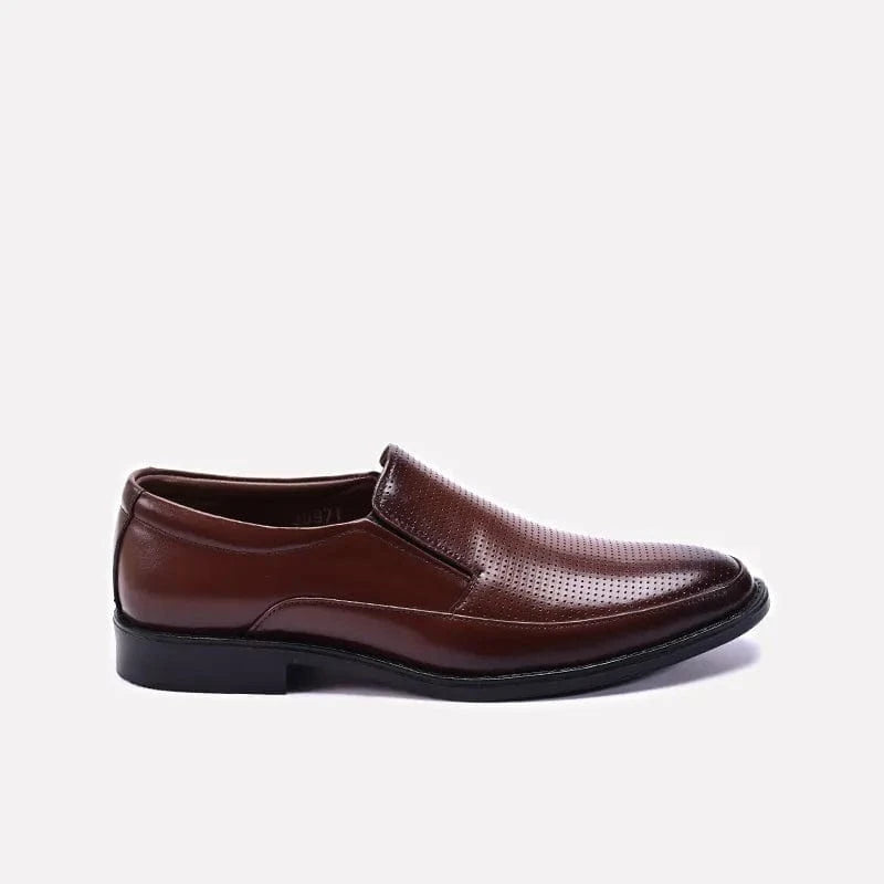 brown formal perforated slip on shoes for mens