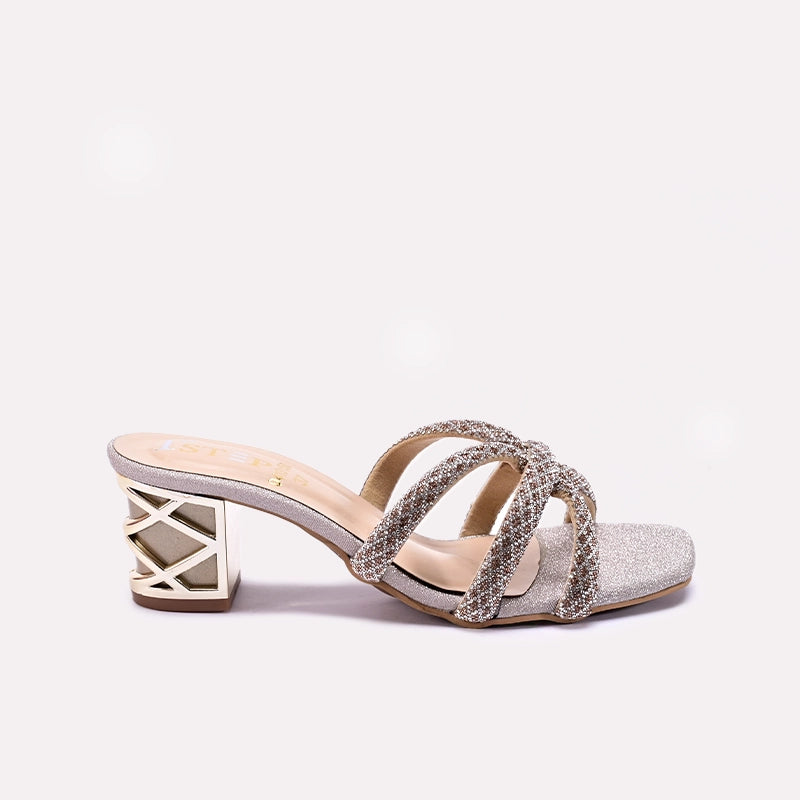 Womens Gold Block Heel Fancy Slippers