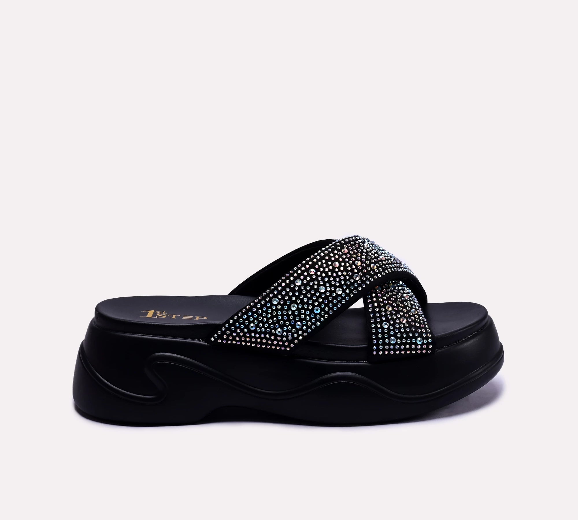 black crisscross platform slippers for women