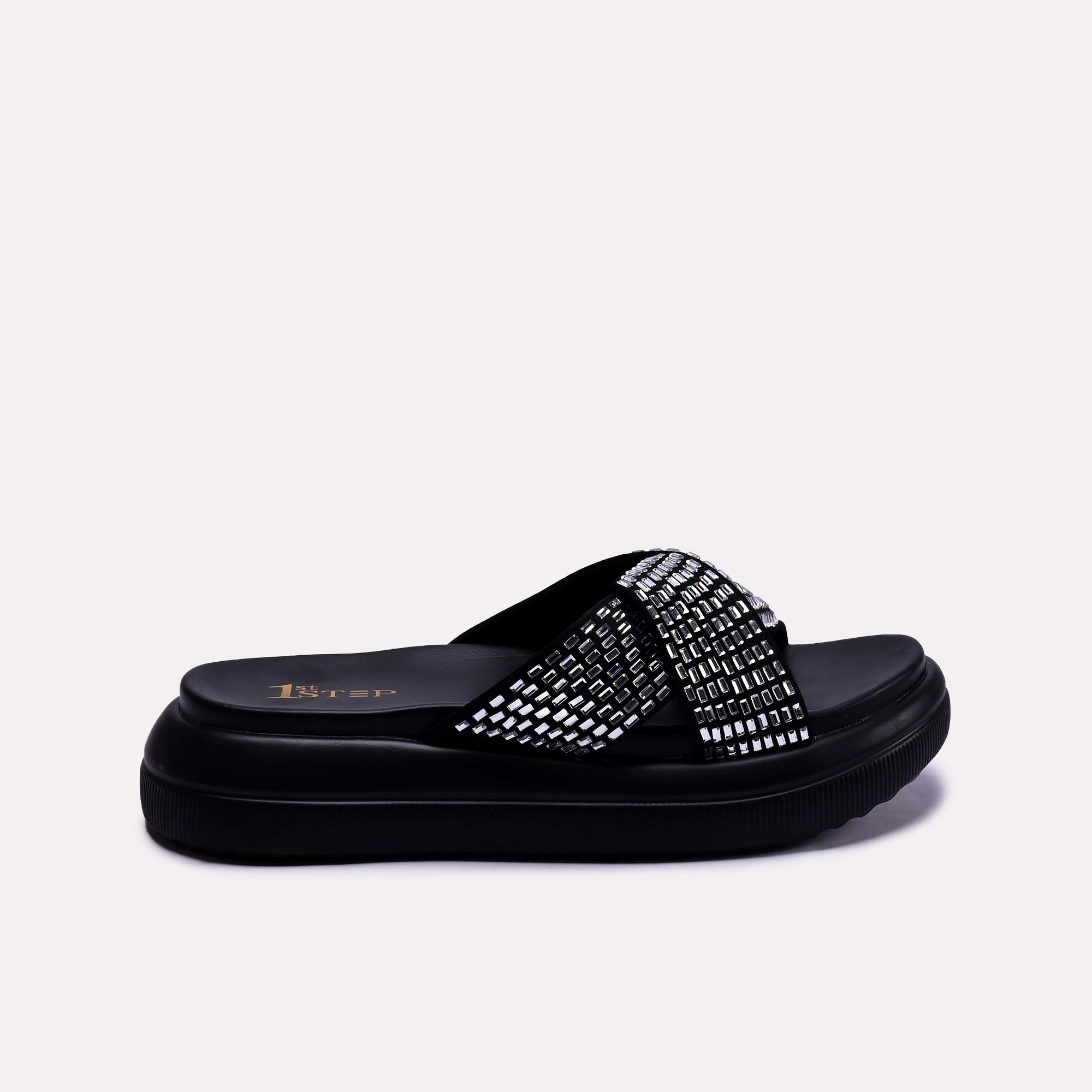 black crisscross thick sole women slippers