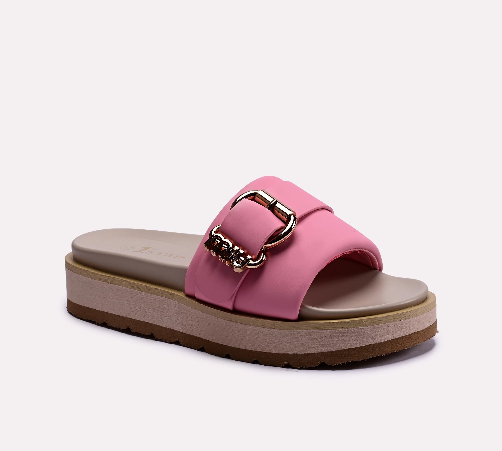 womens pink buckle strap platform slippers