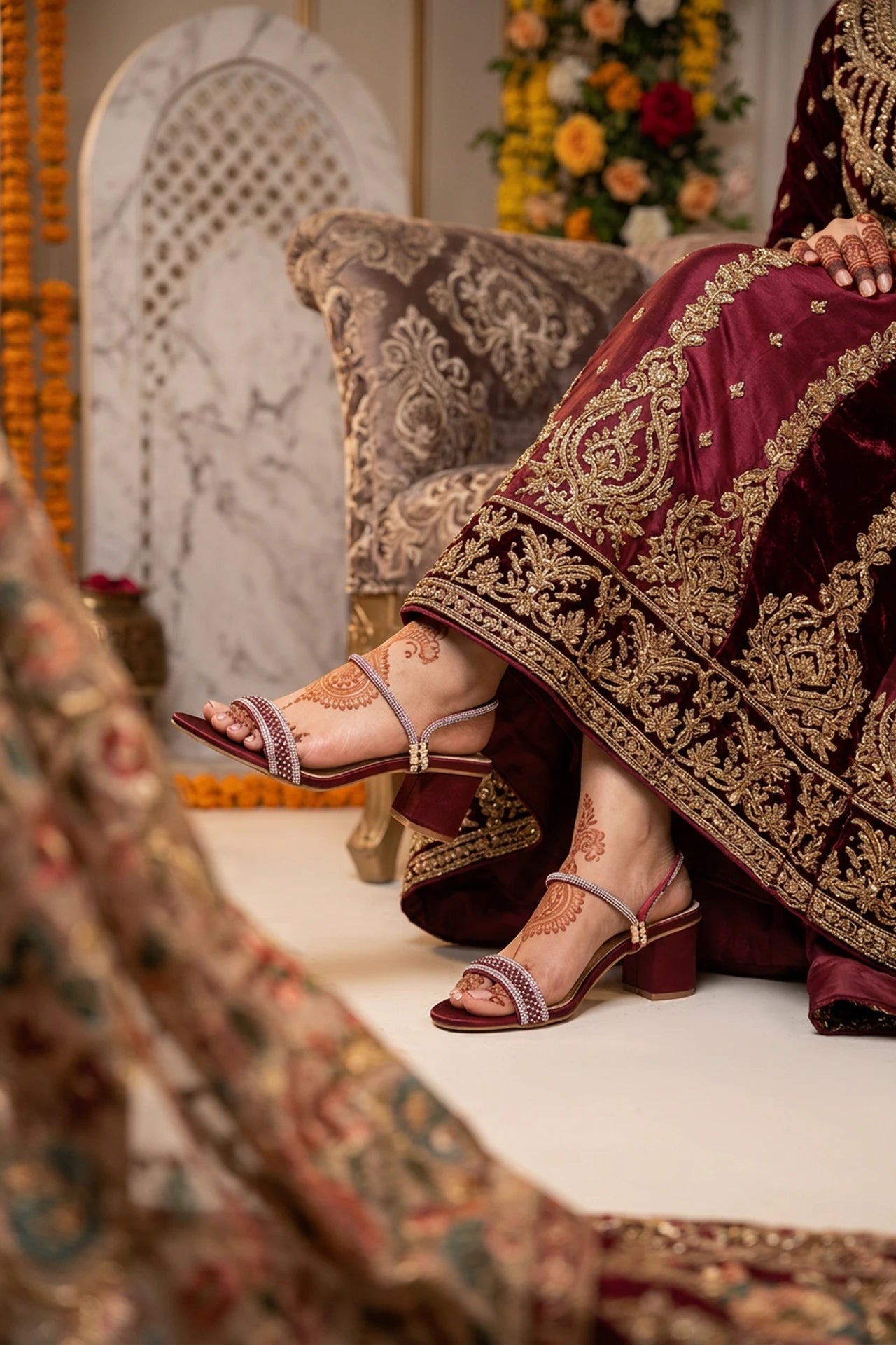 Ravenshaw Block Heel Maroon Bridal Sandals 0421301