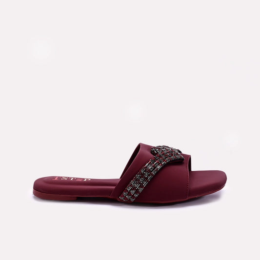Womens Maroon Flat Fancy Slippers