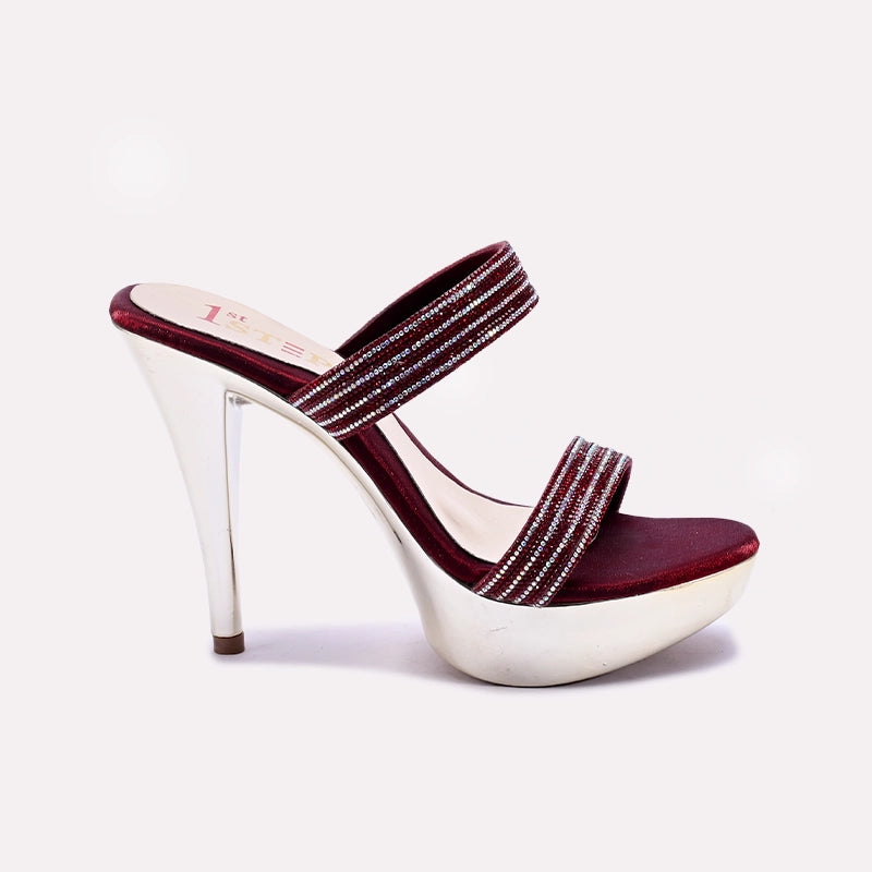 Womens Maroon Pointed Heel Fancy Sandals