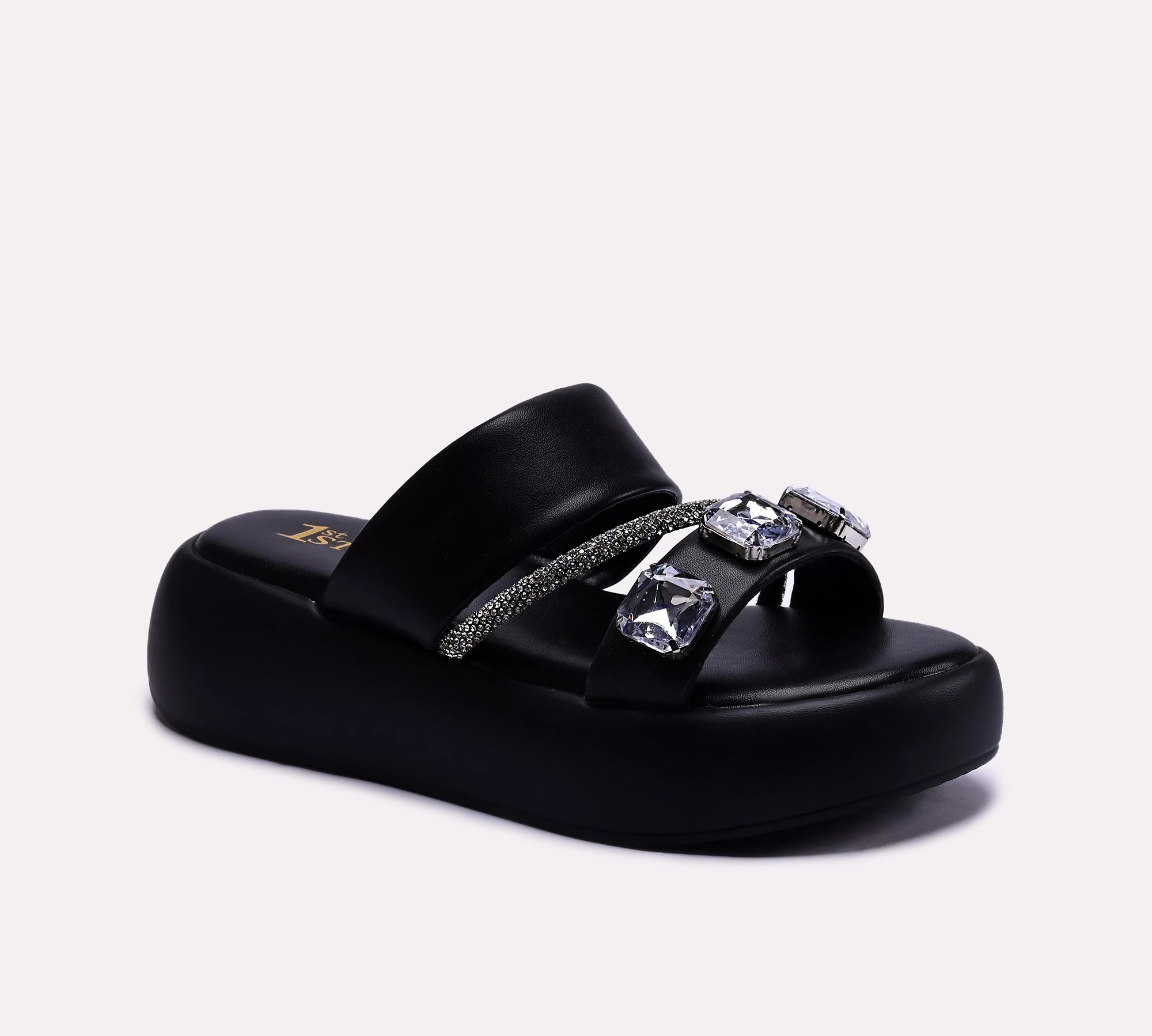 womens crystal embellished black platform slippers