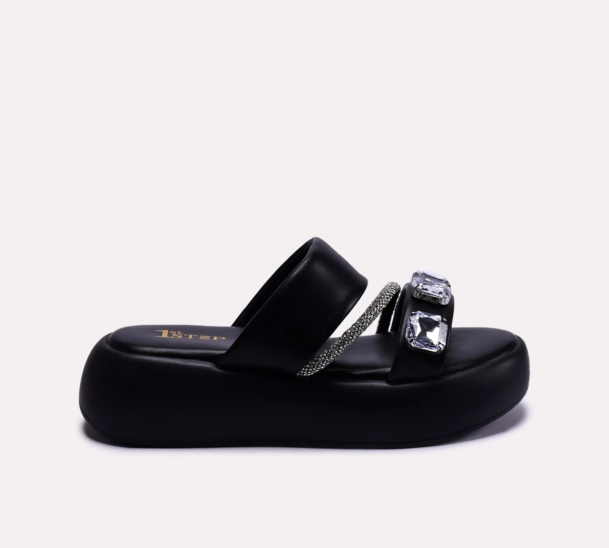 crystal embellished womens black platform slippers