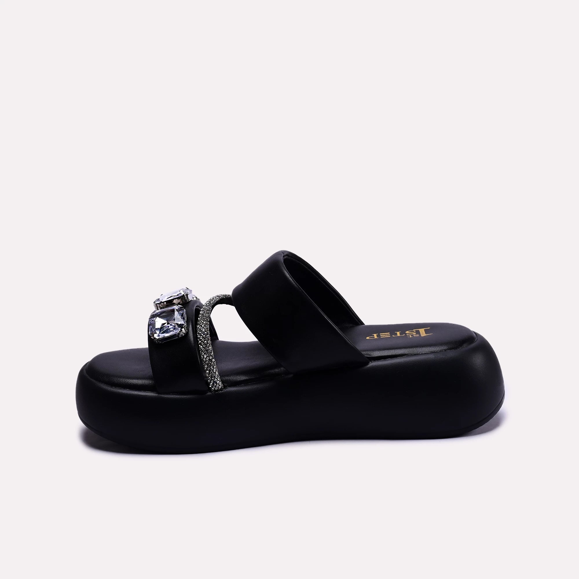 crystal embellished black platform slippers for women