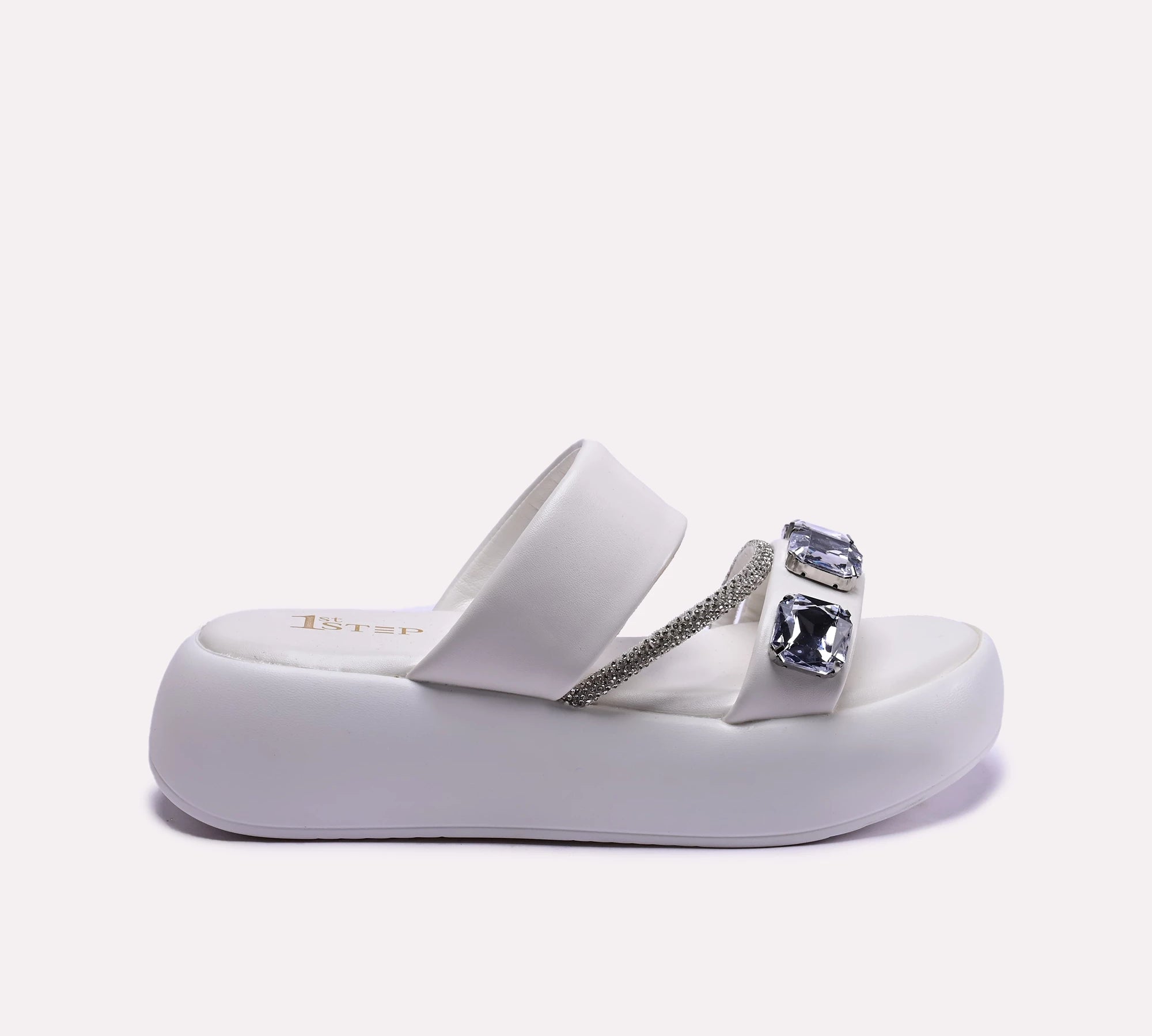 crystal embellished womens white platform slippers