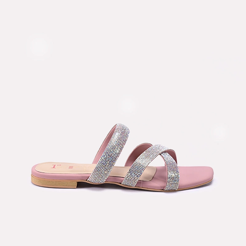 Womens Peach Flat Fancy Slippers