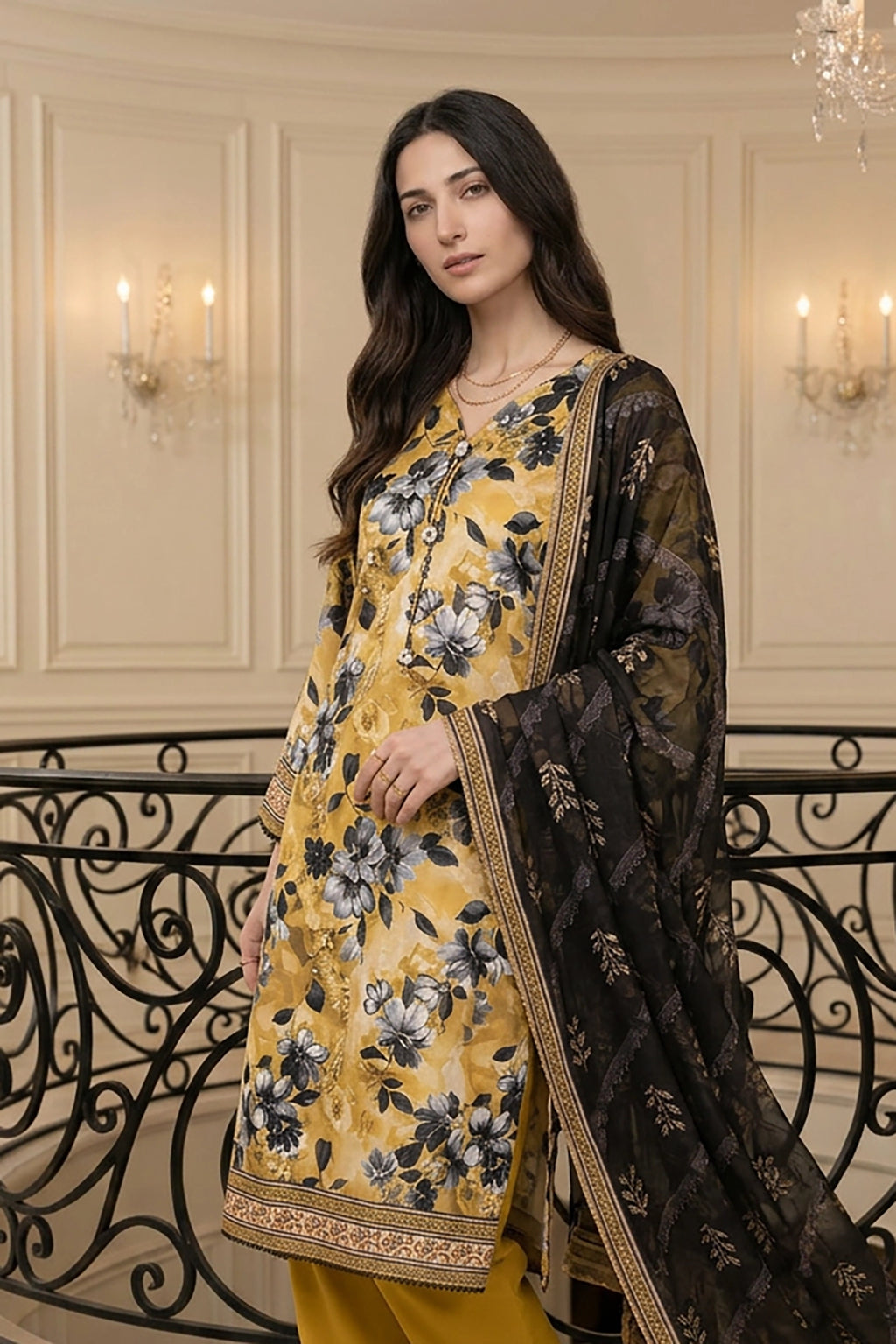 Zarevia Gold – 3 Piece Stitched Viscose Linen Suit 1512301