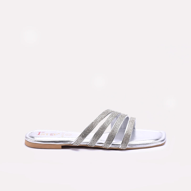 Womens Silver Flat Fancy Slippers