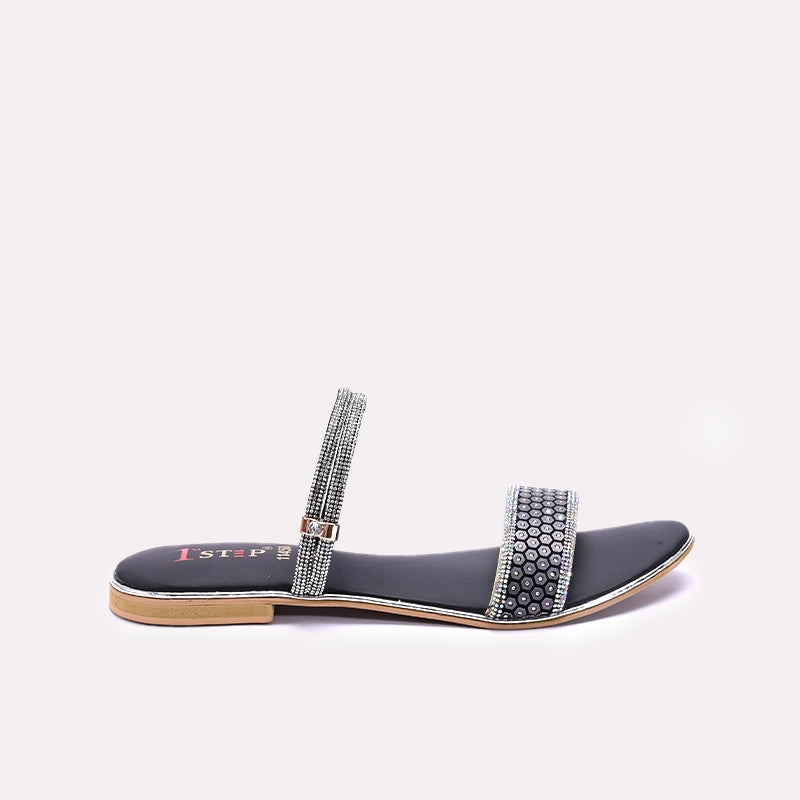 Womens Black Fancy Flat Slippers 0411450